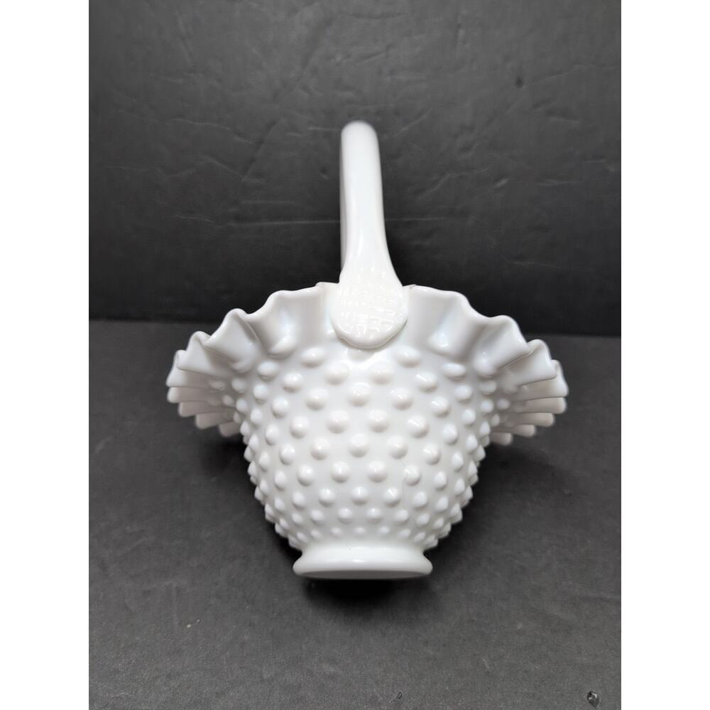 Vintage Fenton Art Glass Milk Glass Hobnail Crimped Basket Candy Dish Handle - Picture 2 of 6